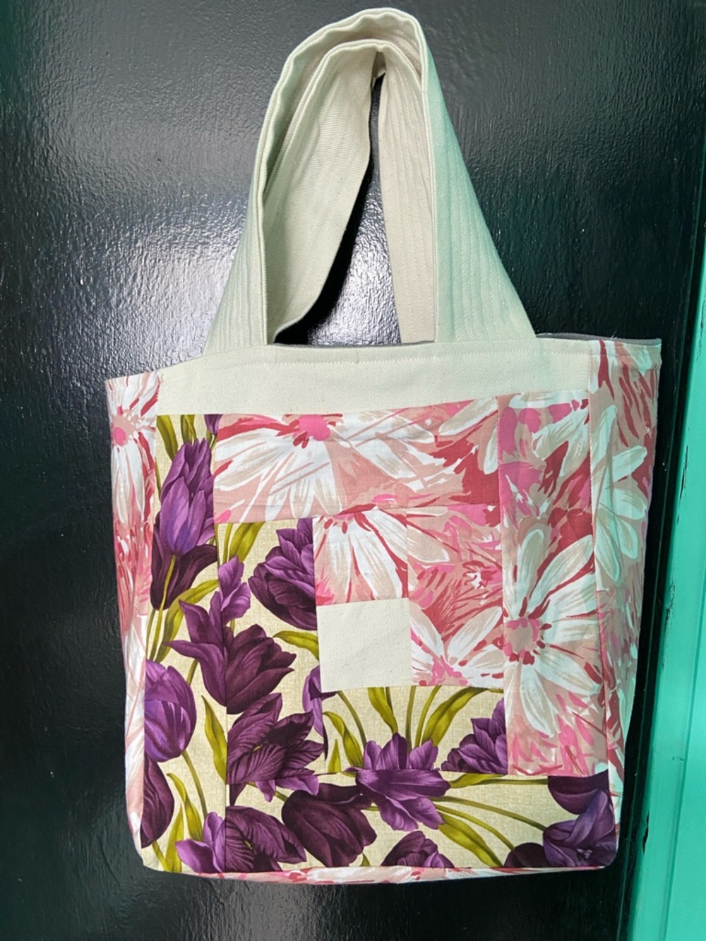 Floral Patchwork Canvas Tote Bag in Purple and Pink - Picture 2 of 3